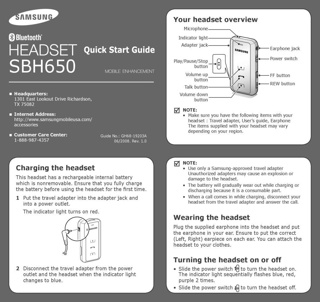 Samsung GH68-19203A manual Charging the headset, Your headset overview, Wearing the headset, Turning the headset on or off 