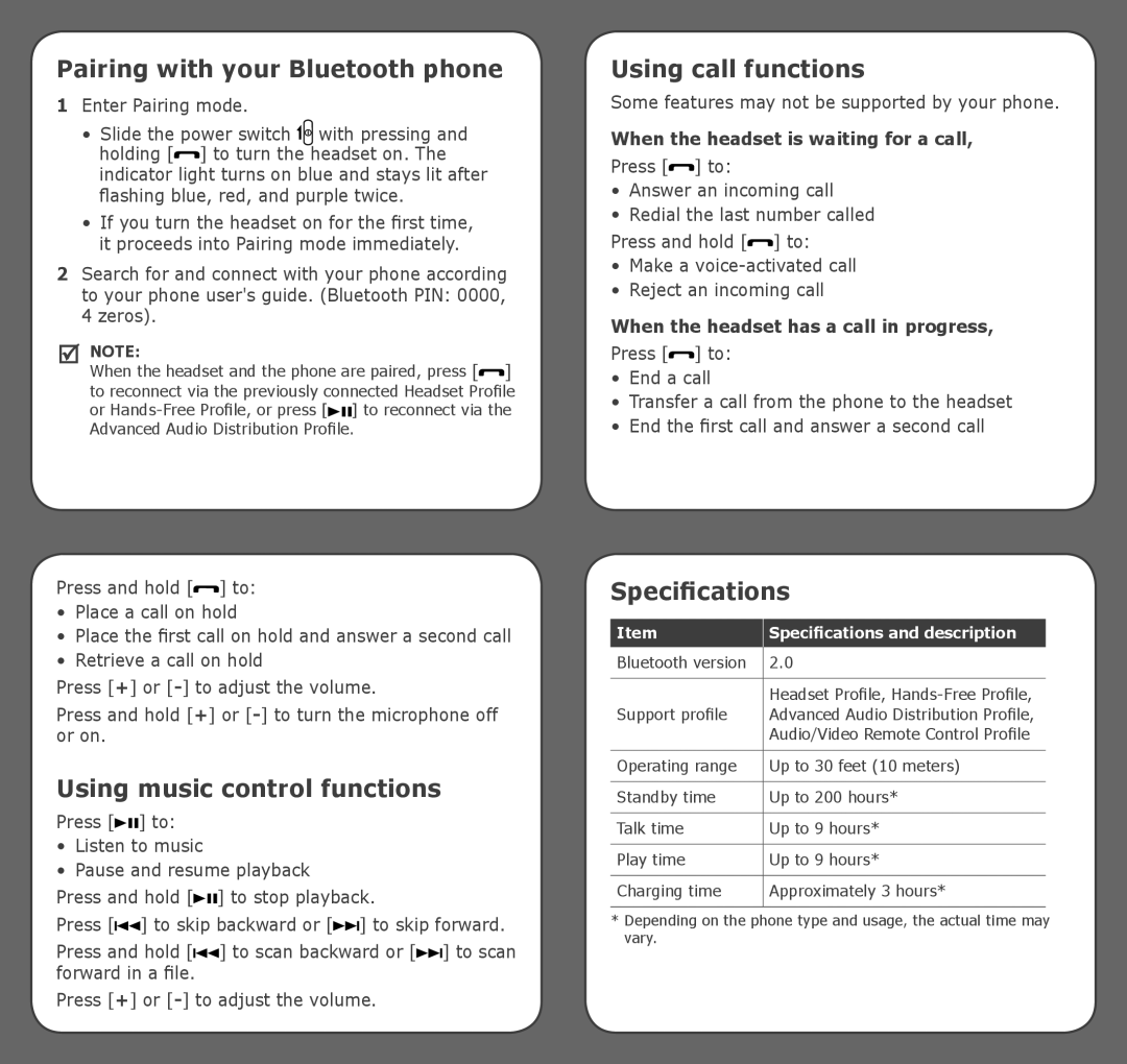 Samsung GH68-19203A Pairing with your Bluetooth phone, Using music control functions, Using call functions, Specifications 