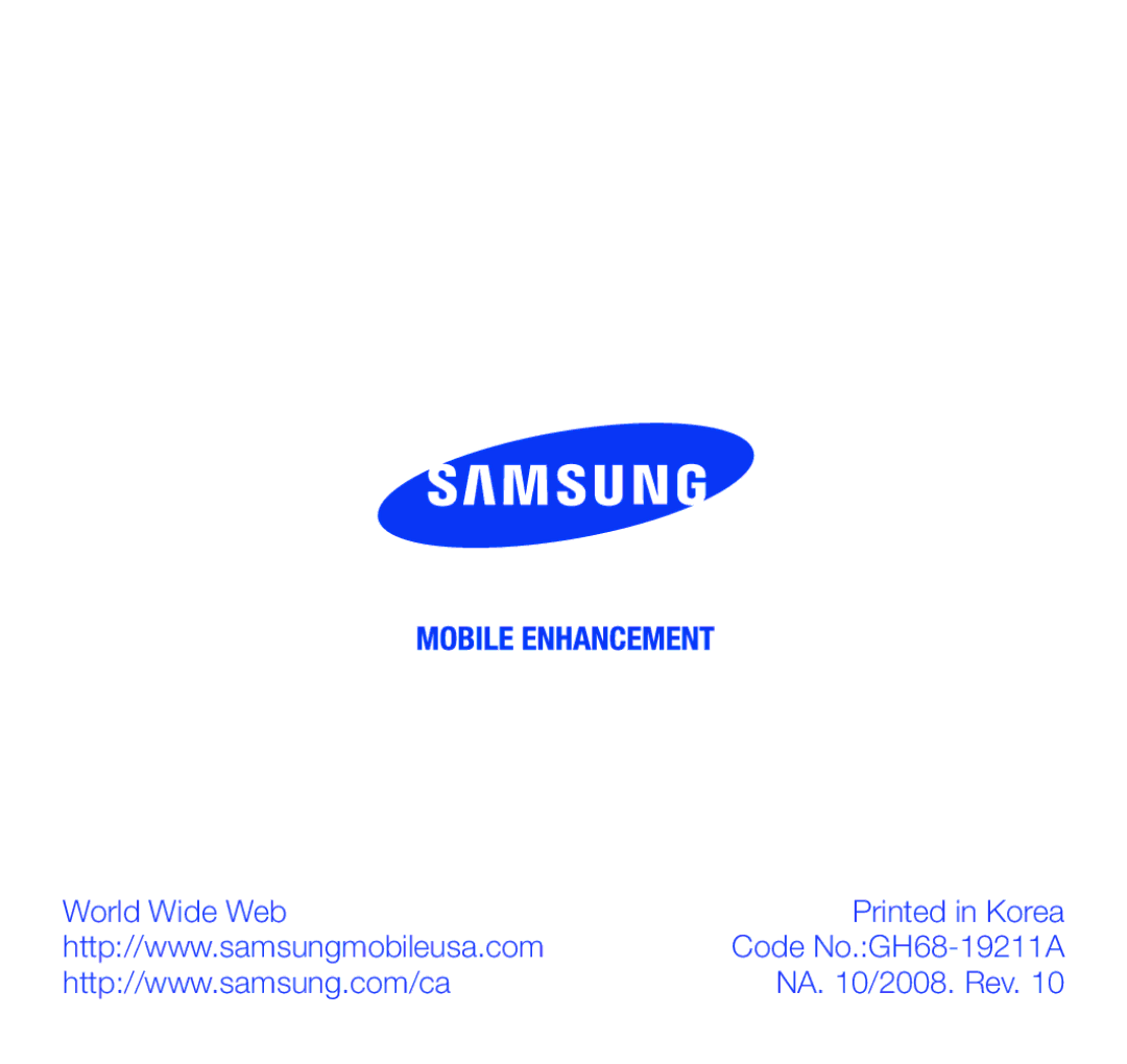 Samsung manual World Wide Web Code No.GH68-19211A NA /2008. Rev 