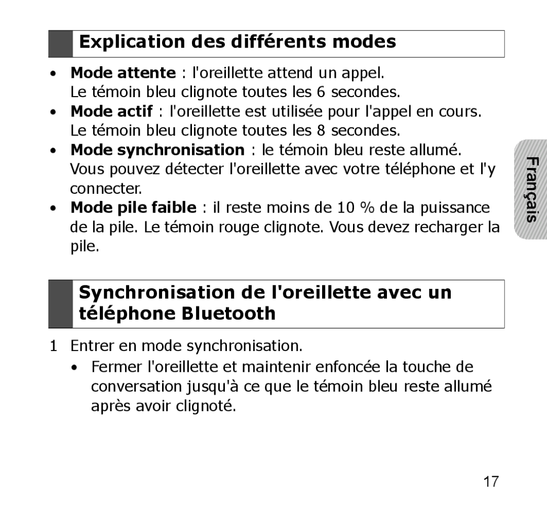 Samsung GH68-19211A manual Explication des différents modes, Synchronisation de loreillette avec un téléphone Bluetooth 