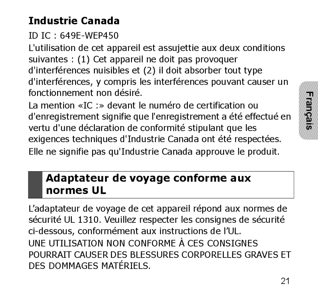 Samsung GH68-19211A manual Industrie Canada, Adaptateur de voyage conforme aux normes UL 