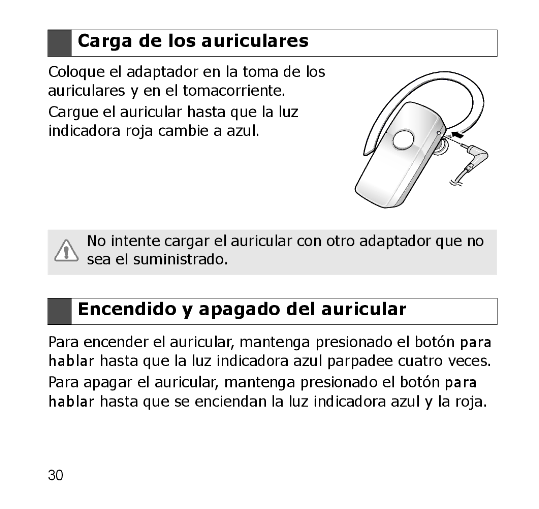 Samsung GH68-19211A manual Carga de los auriculares, Encendido y apagado del auricular 