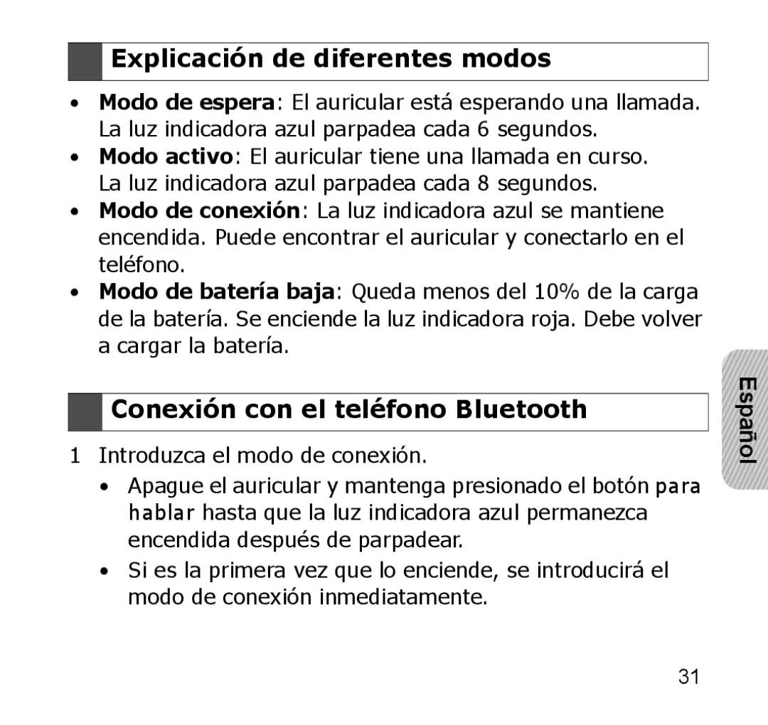 Samsung GH68-19211A manual Explicación de diferentes modos, Conexión con el teléfono Bluetooth 