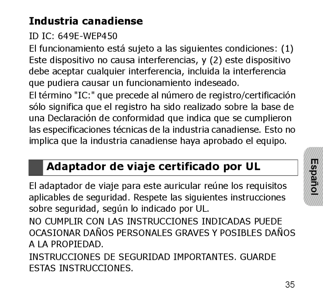 Samsung GH68-19211A manual Industria canadiense, Adaptador de viaje certificado por UL 