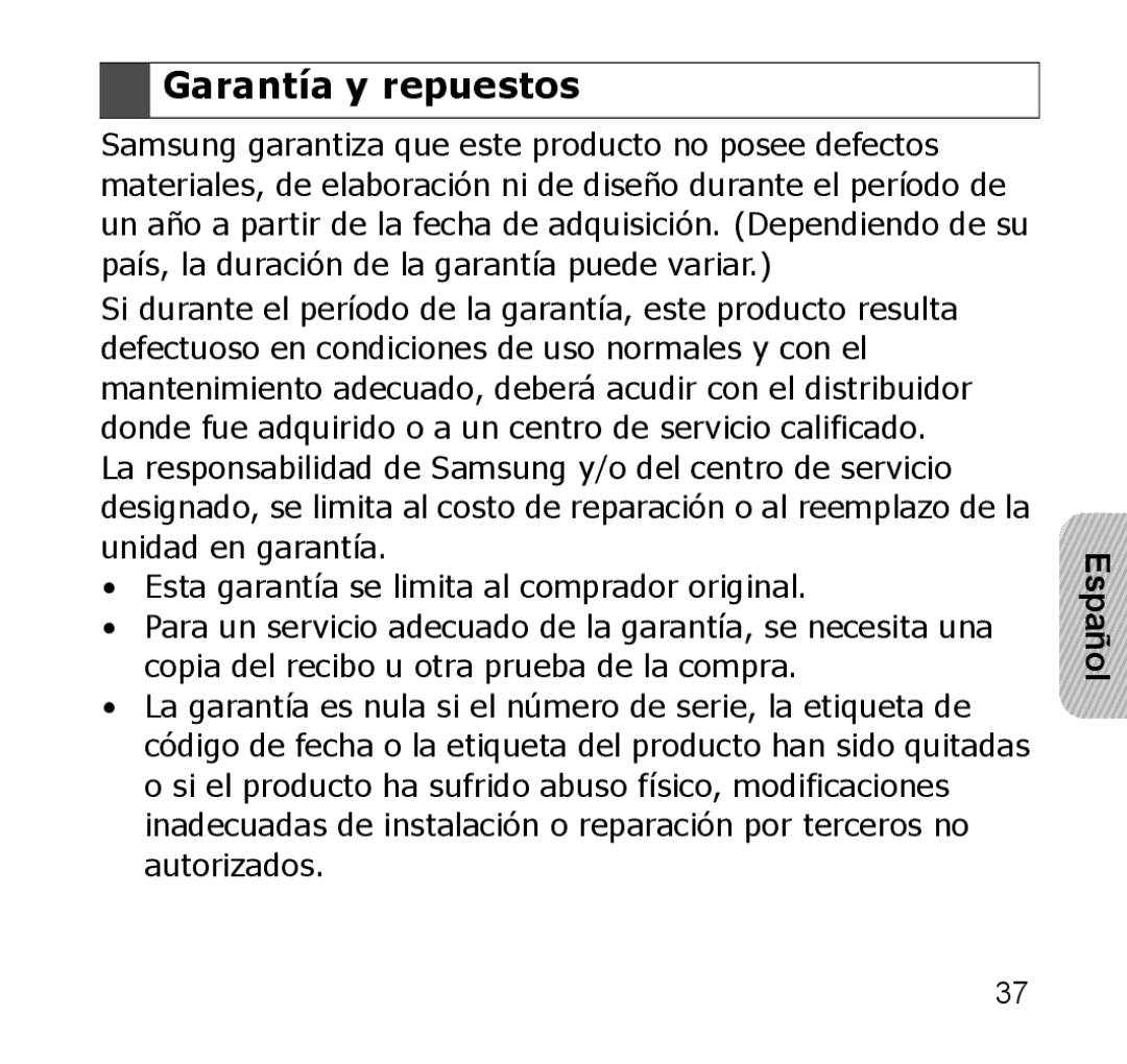 Samsung GH68-19211A manual Garantía y repuestos 