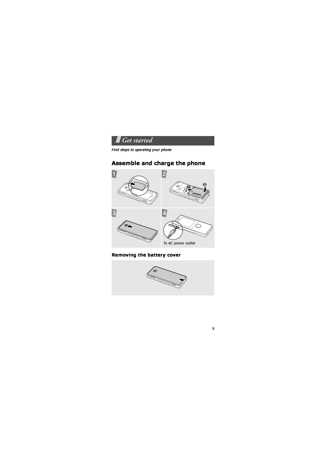 Samsung GH68-20883A manual Get started, Assemble and charge the phone, Removing the battery cover 