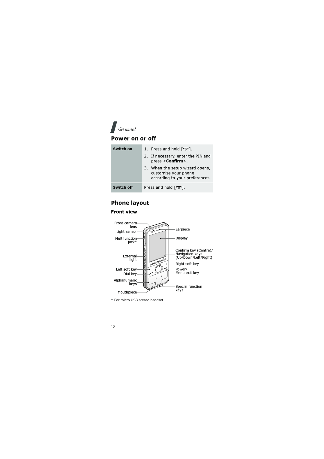Samsung GH68-20883A manual Power on or off, Phone layout, Get started, Front view 