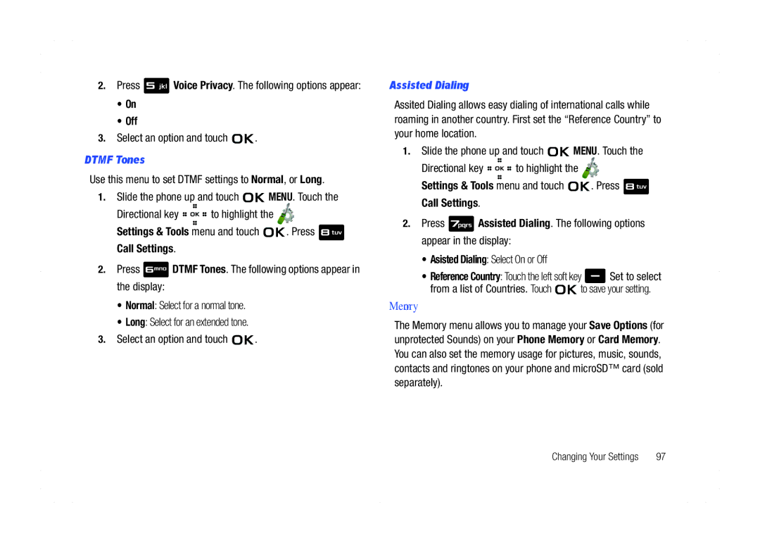 Samsung GH68-21438A user manual Memory, Dtmf Tones, Use this menu to set Dtmf settings to Normal, or Long, Assisted Dialing 