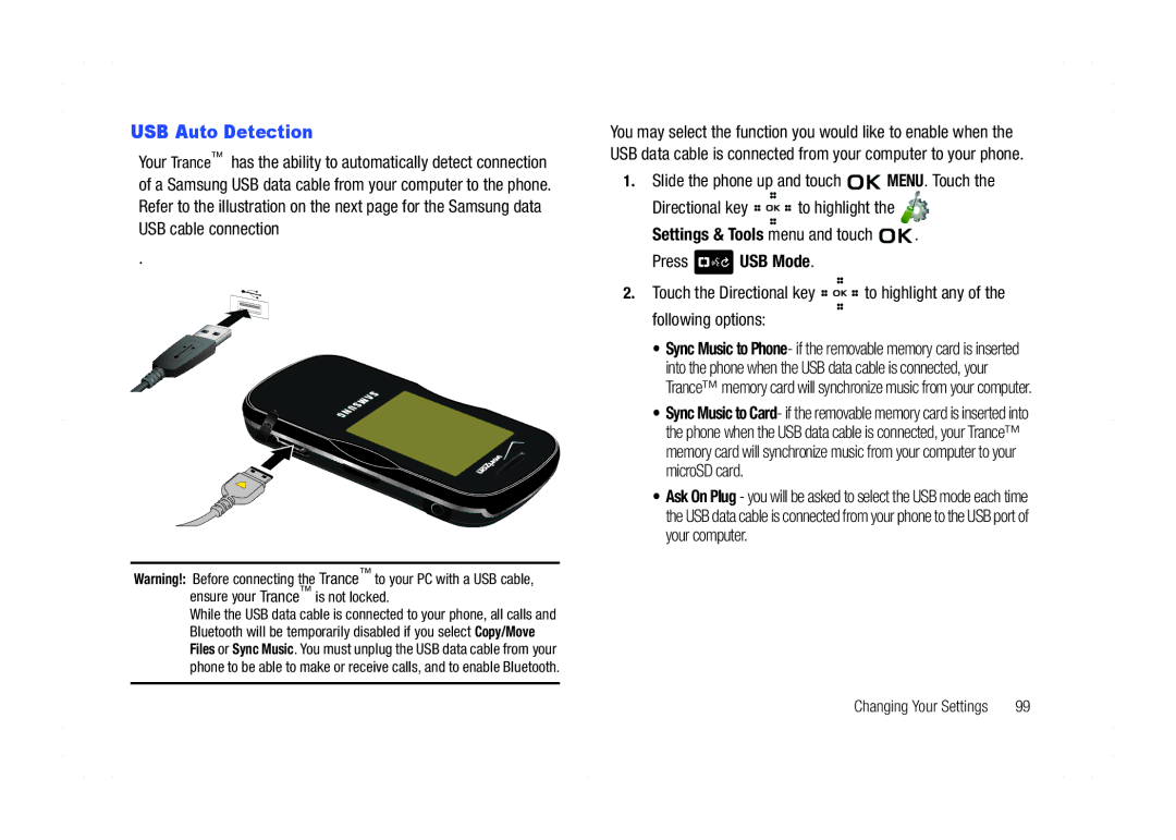 Samsung GH68-21438A user manual USB Auto Detection, Settings & Tools menu and touch Press USB Mode 