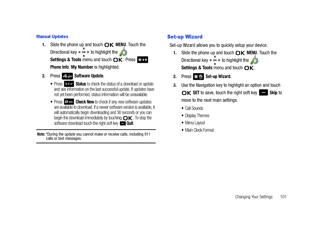 Samsung GH68-21438A Press Software Update, Settings & Tools menu and touch Press Set-up Wizard, Manual Updates, 101 