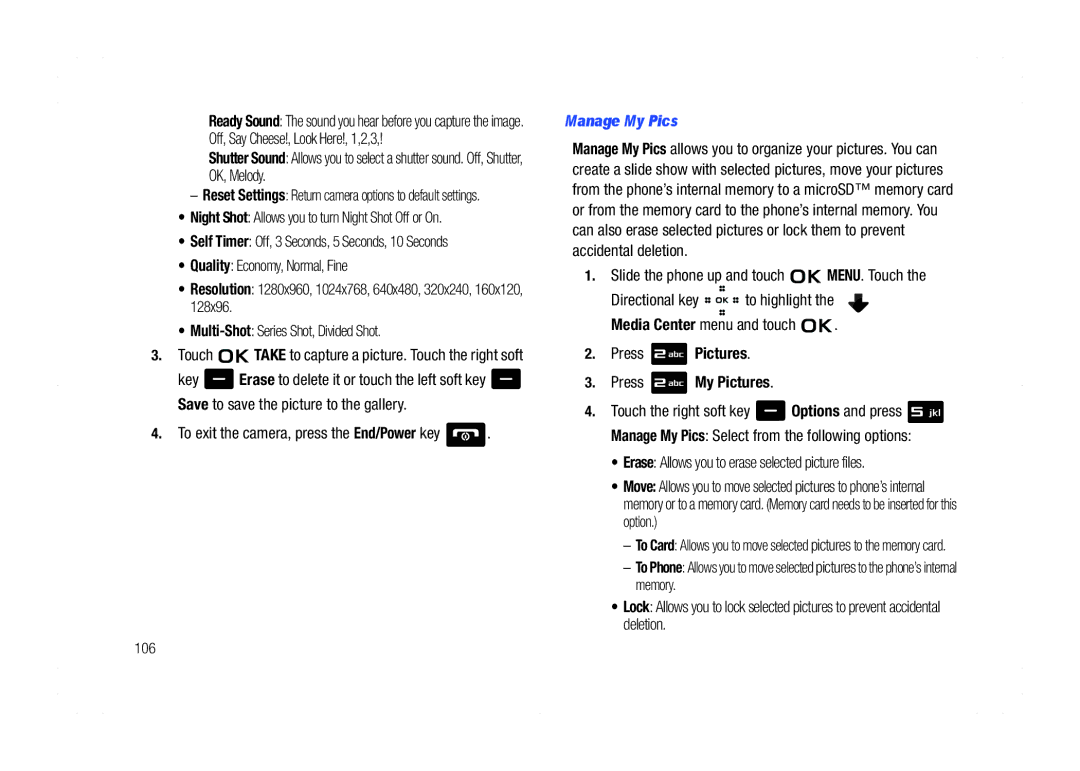 Samsung GH68-21438A Manage My Pics, Press Pictures Press My Pictures, Erase Allows you to erase selected picture files 