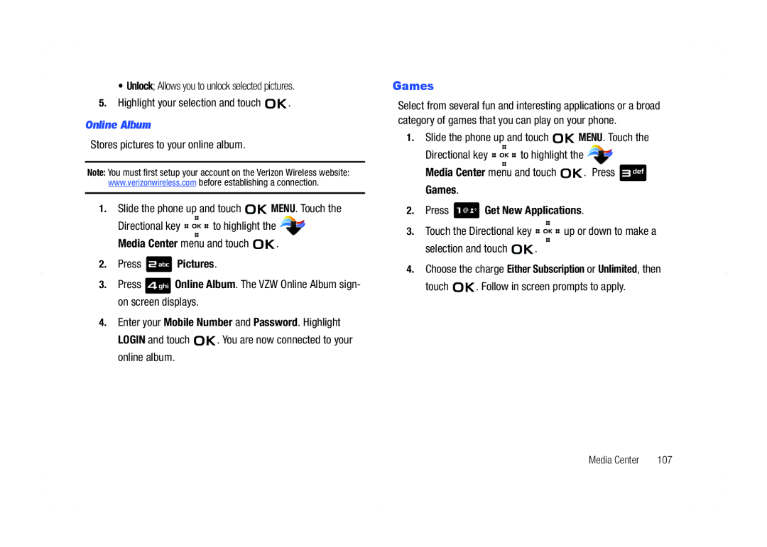 Samsung GH68-21438A user manual Online Album, Press Pictures, Games Press Get New Applications 