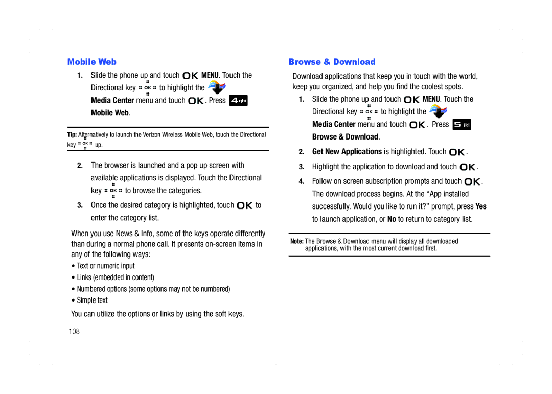 Samsung GH68-21438A user manual Mobile Web, Browse & Download, Text or numeric input Links embedded in content, Simple text 