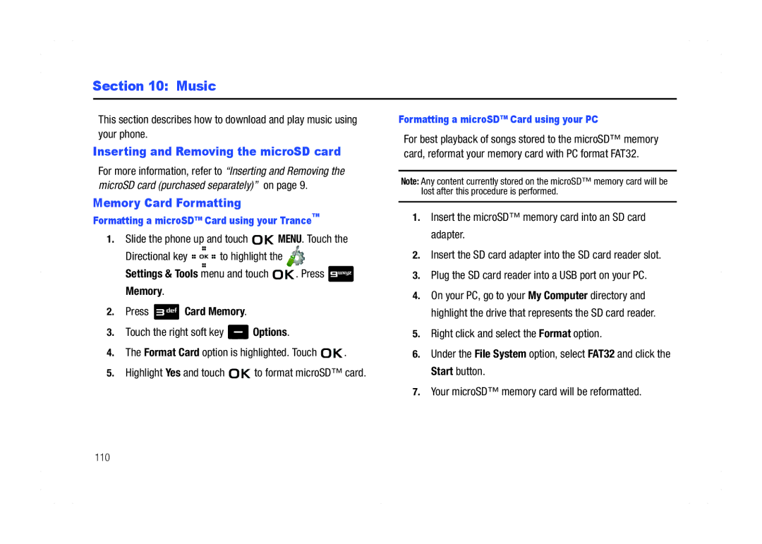 Samsung GH68-21438A user manual Music, Inserting and Removing the microSD card, Memory Card Formatting, Press Card Memory 