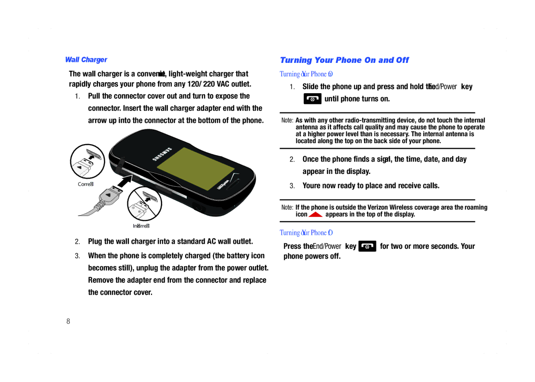 Samsung GH68-21438A user manual Turning Your Phone On and Off, Turning Your Phone Off, Wall Charger 