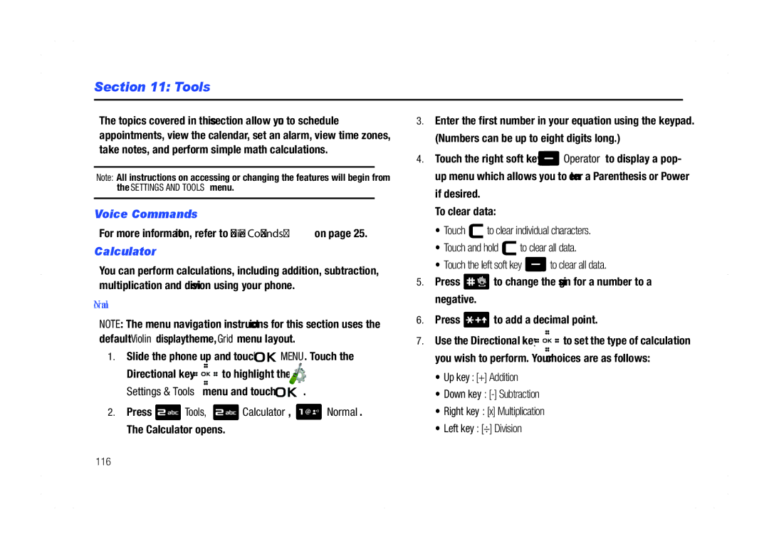 Samsung GH68-21438A user manual Tools, Calculator, Normal, For more information, refer to Voice Commands on, 116 