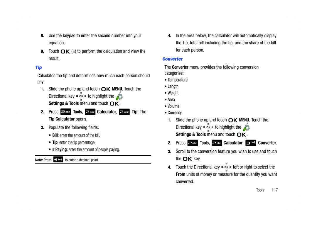 Samsung GH68-21438A user manual Tip, Converter, Scroll to the conversion feature you wish to use and touch, Tools 