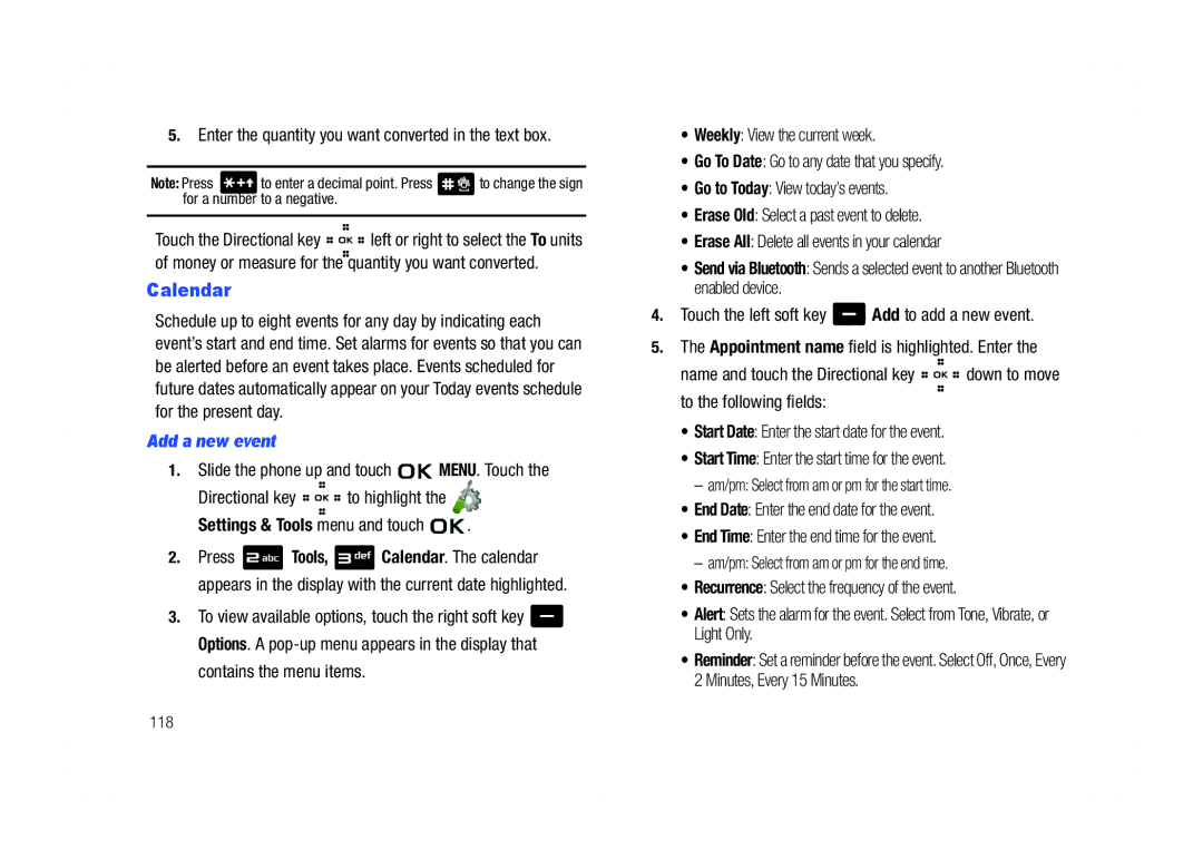 Samsung GH68-21438A user manual Calendar, Enter the quantity you want converted in the text box, Add a new event, 118 