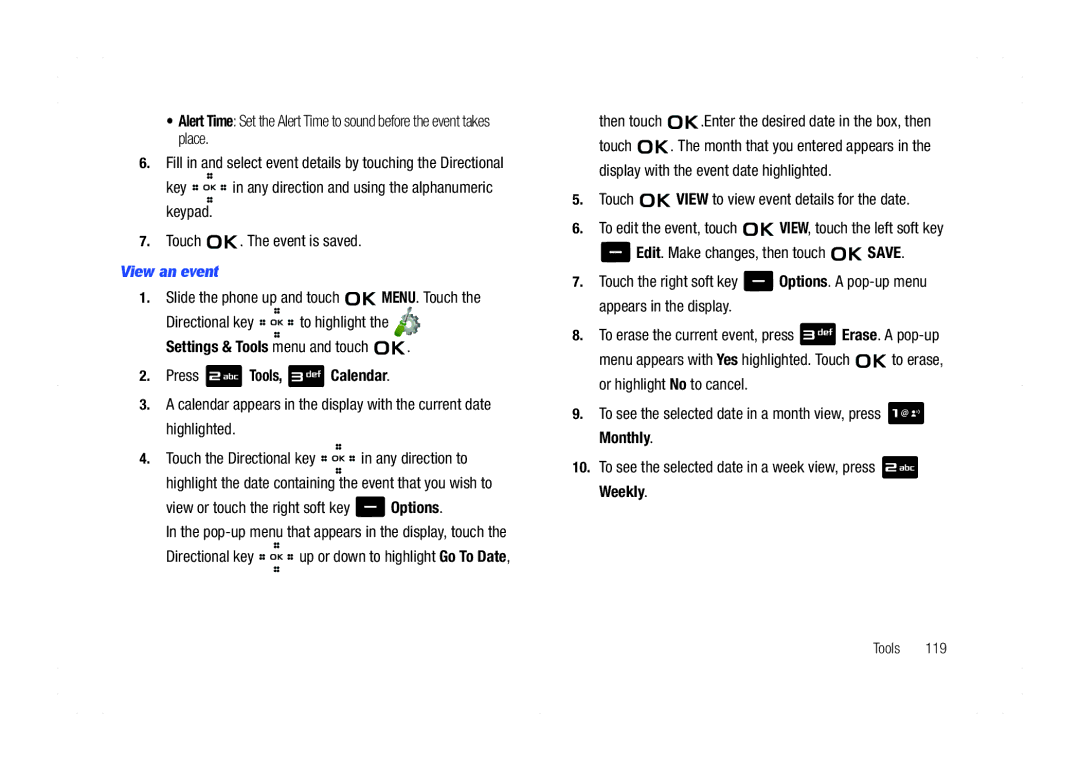 Samsung GH68-21438A user manual View an event, Settings & Tools menu and touch Press Tools, Calendar 