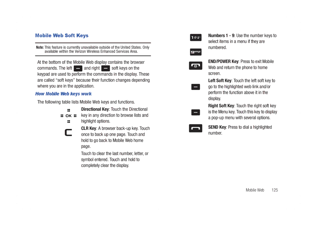 Samsung GH68-21438A Mobile Web Soft Keys, How Mobile Web keys work, Following table lists Mobile Web keys and functions 