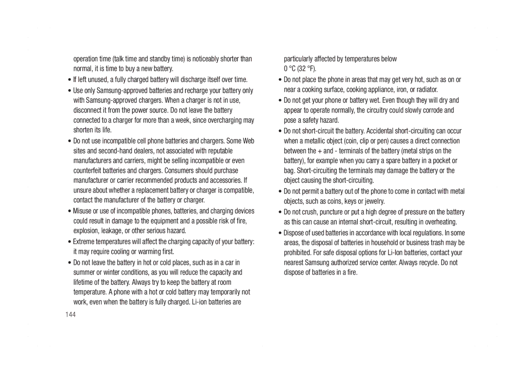 Samsung GH68-21438A user manual Particularly affected by temperatures below 0 C 32 F, 144 