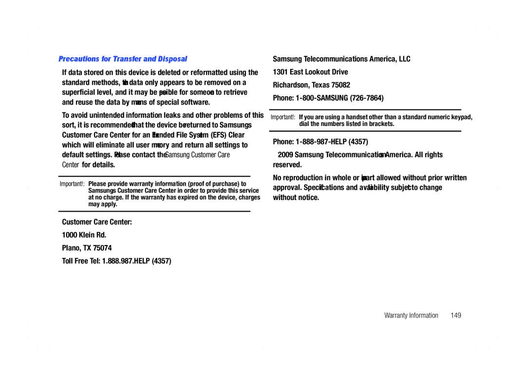 Samsung GH68-21438A user manual Precautions for Transfer and Disposal, 149 