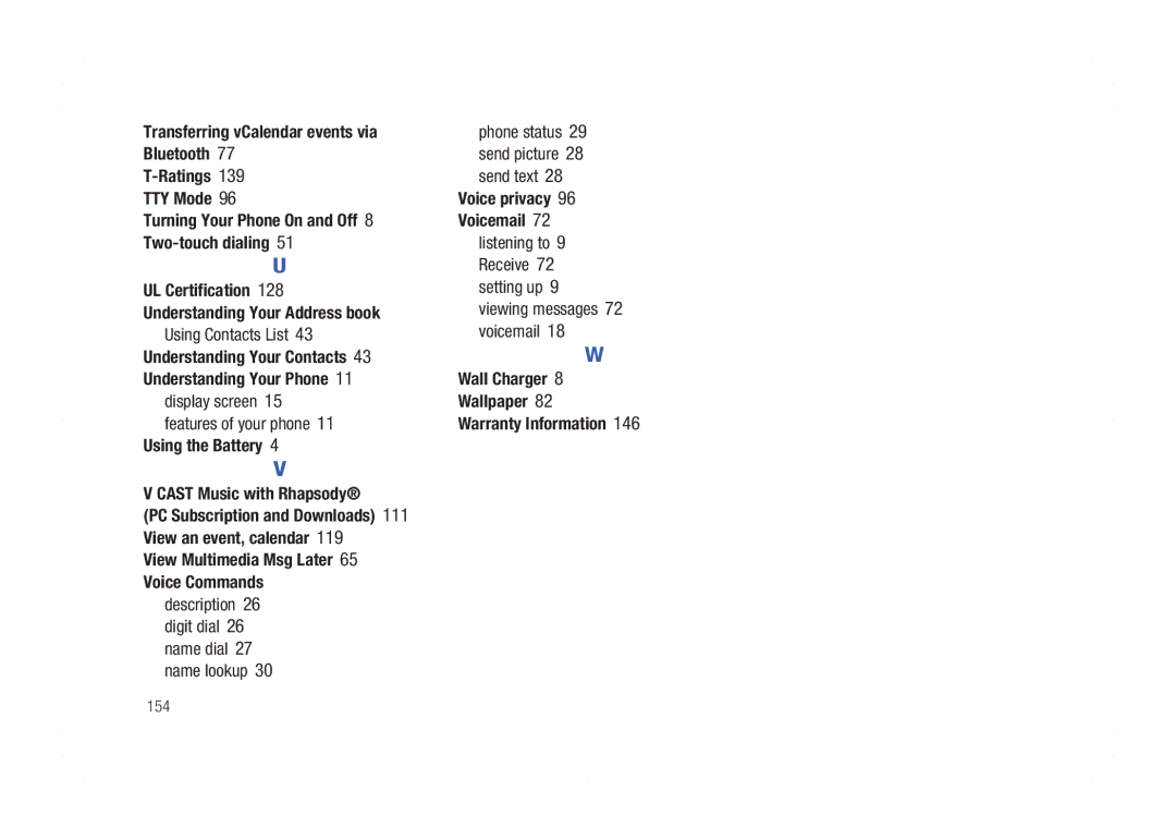 Samsung GH68-21438A user manual Using Contacts List, Using the Battery Cast Music with Rhapsody, 154 