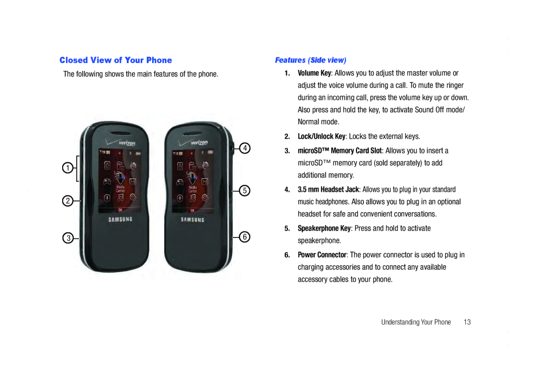 Samsung GH68-21438A Closed View of Your Phone, Following shows the main features of the phone, Features Side view 