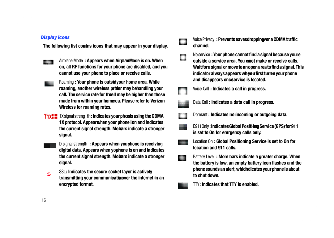 Samsung GH68-21438A user manual Display icons, TTY Indicates that TTY is enabled 