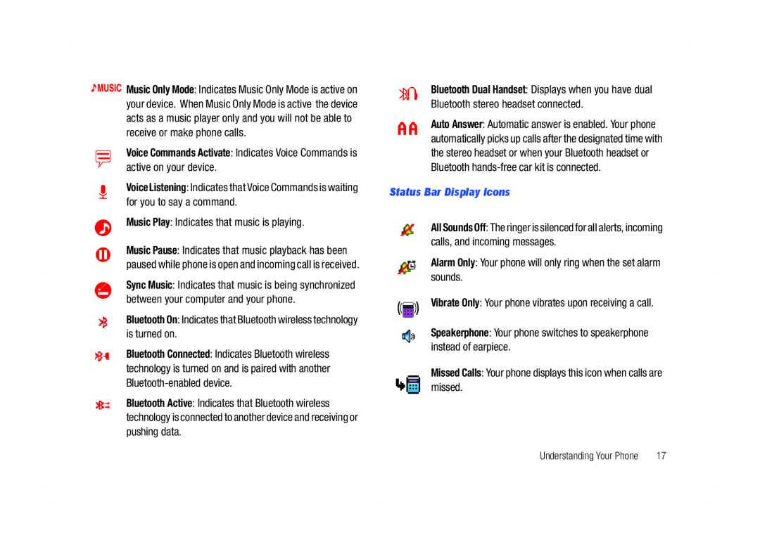 Samsung GH68-21438A user manual Music Play Indicates that music is playing, Status Bar Display Icons 