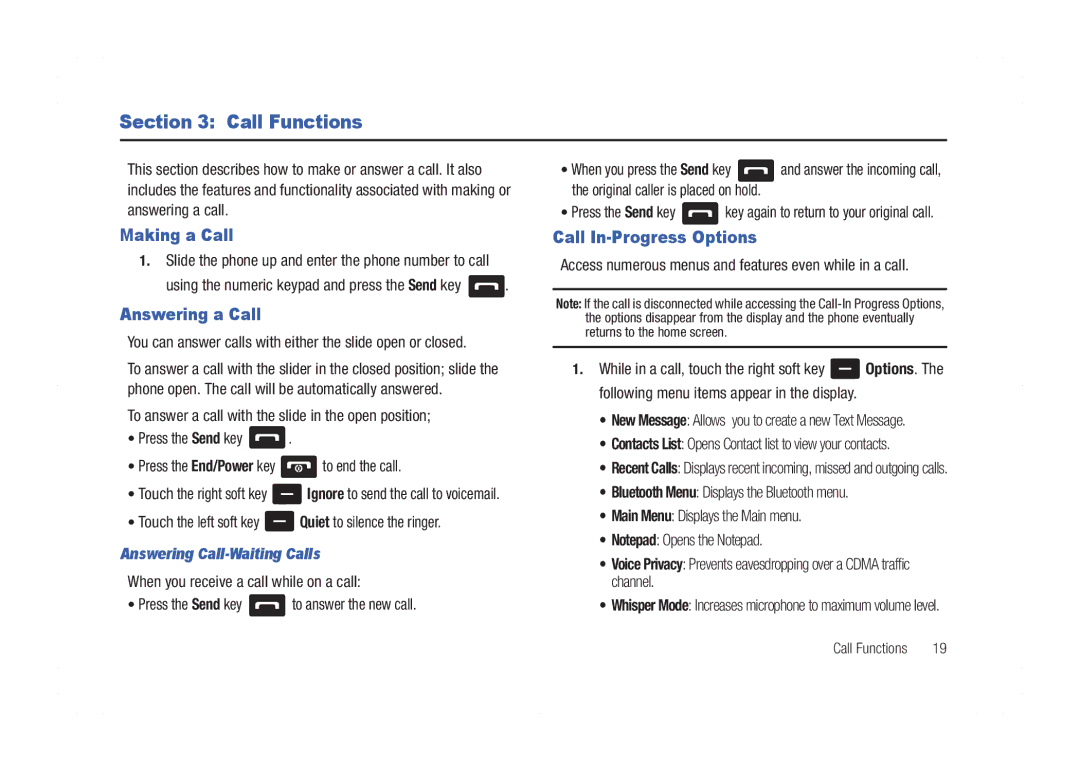 Samsung GH68-21438A user manual Call Functions, Making a Call, Answering a Call, Call In-Progress Options 