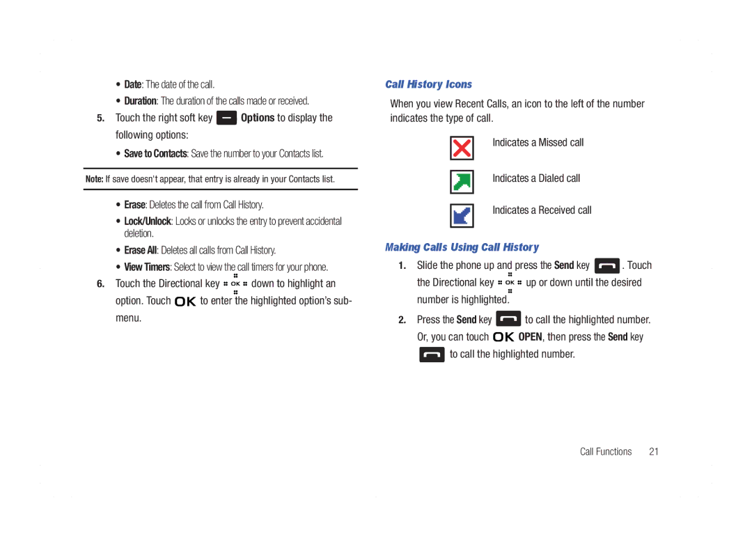 Samsung GH68-21438A user manual Date The date of the call, Call History Icons, Making Calls Using Call History 