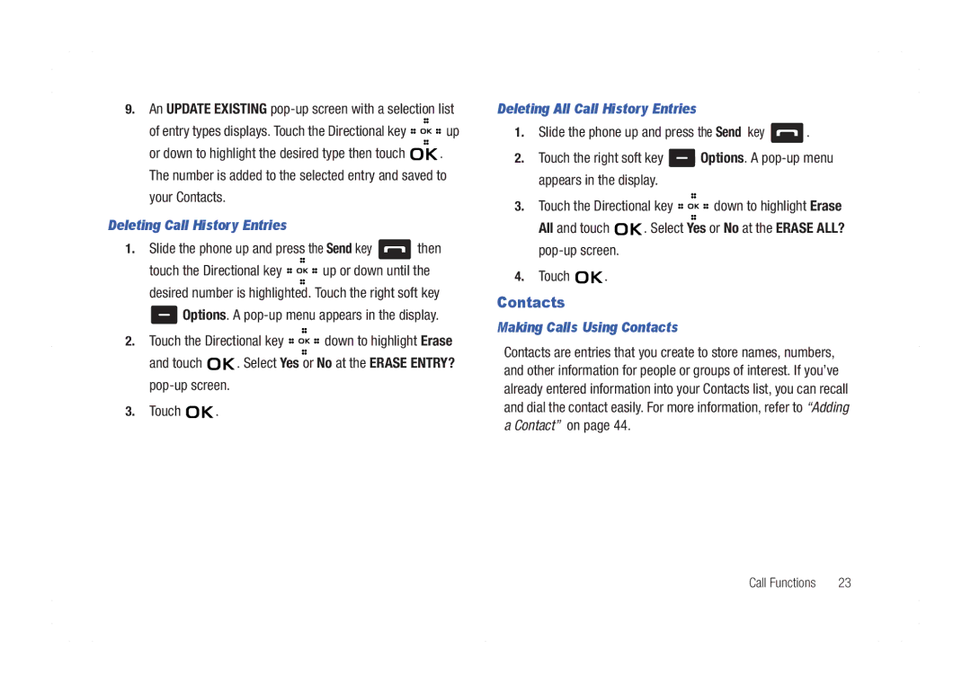 Samsung GH68-21438A user manual Contacts, Deleting Call History Entries, Deleting All Call History Entries 