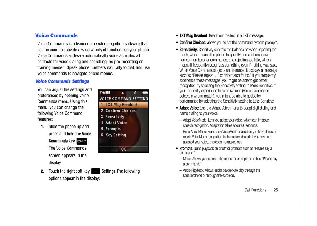 Samsung GH68-21438A user manual Voice Commands Settings, TXT Msg Readout Reads out the text in a TXT message 