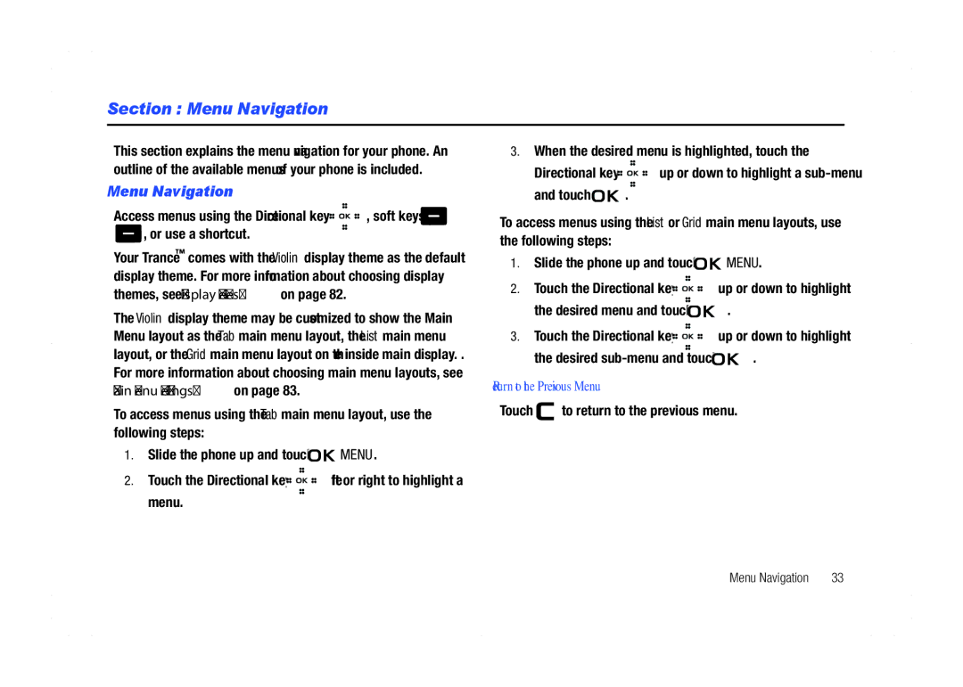 Samsung GH68-21438A user manual Menu Navigation, Return to the Previous Menu, Touch to return to the previous menu 