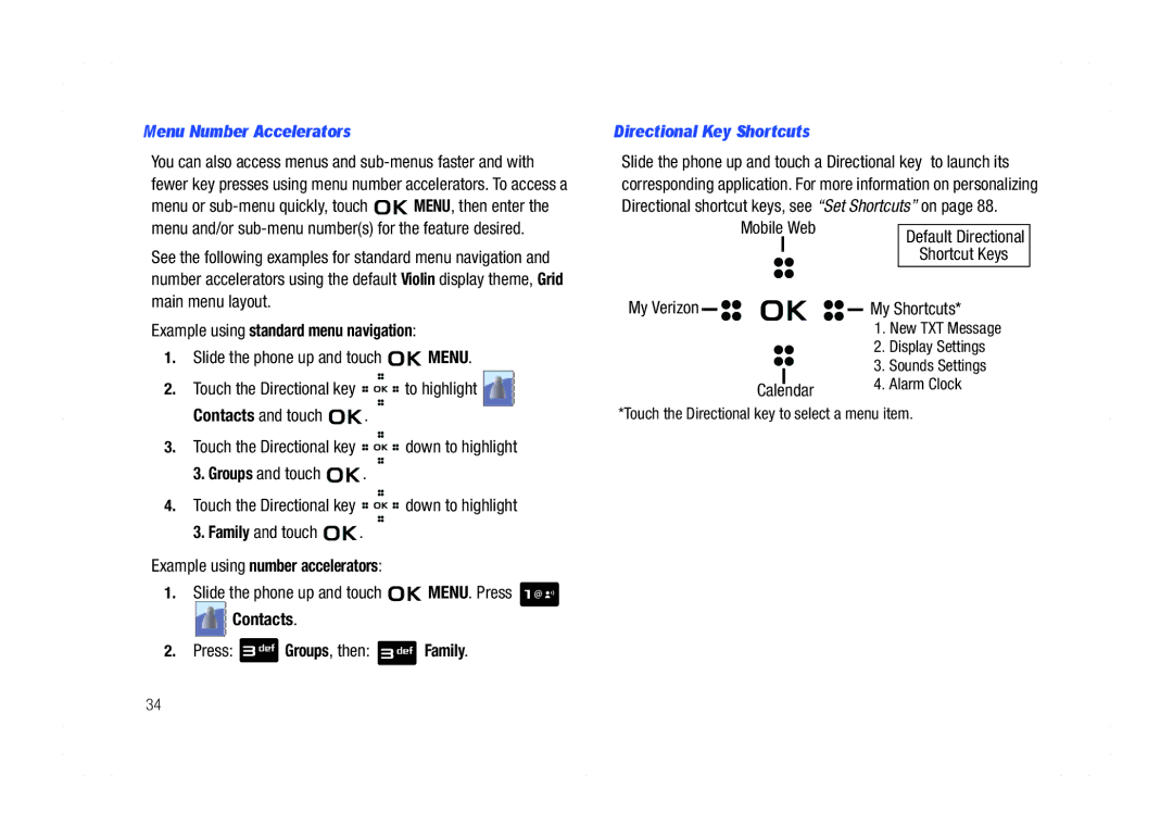 Samsung GH68-21438A Menu Number Accelerators, Example using standard menu navigation, Example using number accelerators 