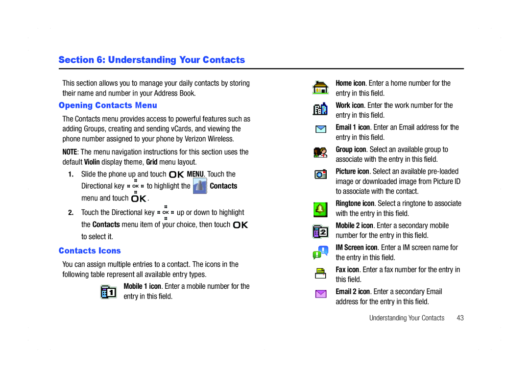 Samsung GH68-21438A user manual Understanding Your Contacts, Opening Contacts Menu, Contacts Icons 