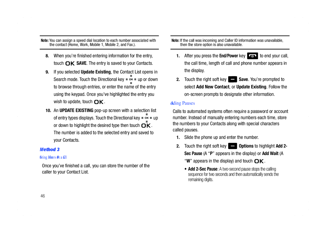 Samsung GH68-21438A user manual Adding Pauses, Wish to update, touch, On-screen prompts to designate other information 