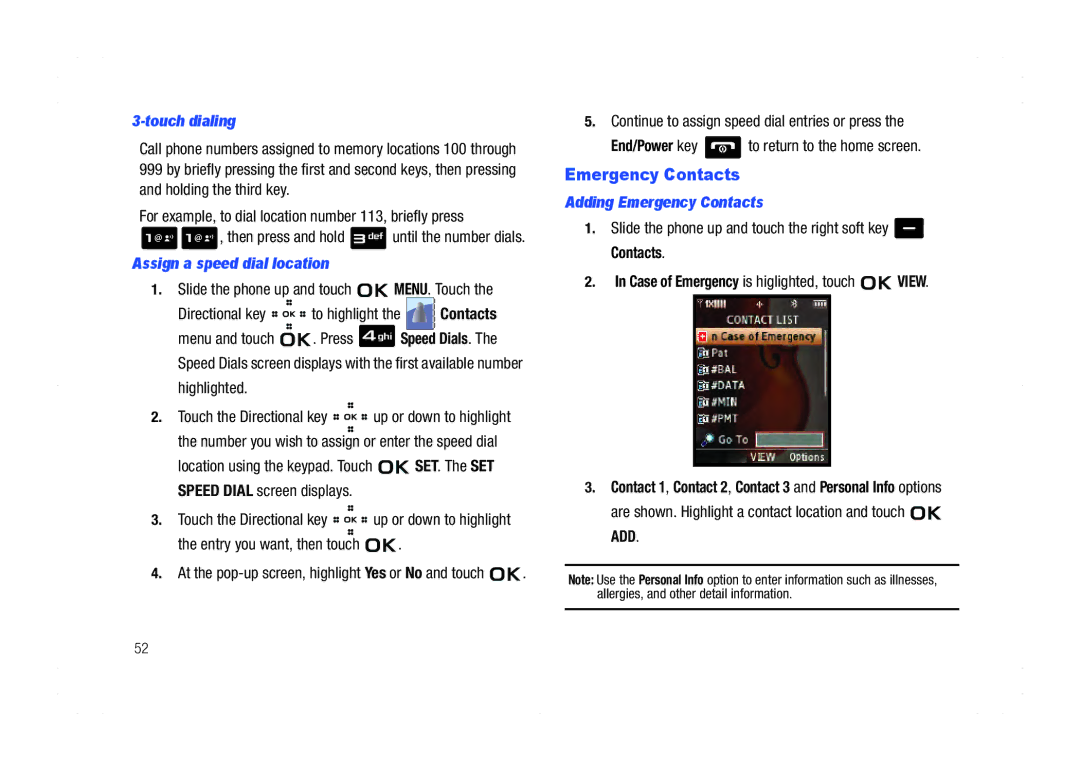 Samsung GH68-21438A user manual Assign a speed dial location, Adding Emergency Contacts 