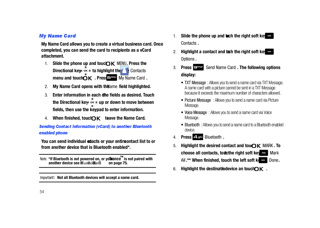 Samsung GH68-21438A user manual My Name Card, When finished, touch to save the Name Card, Press Bluetooth 