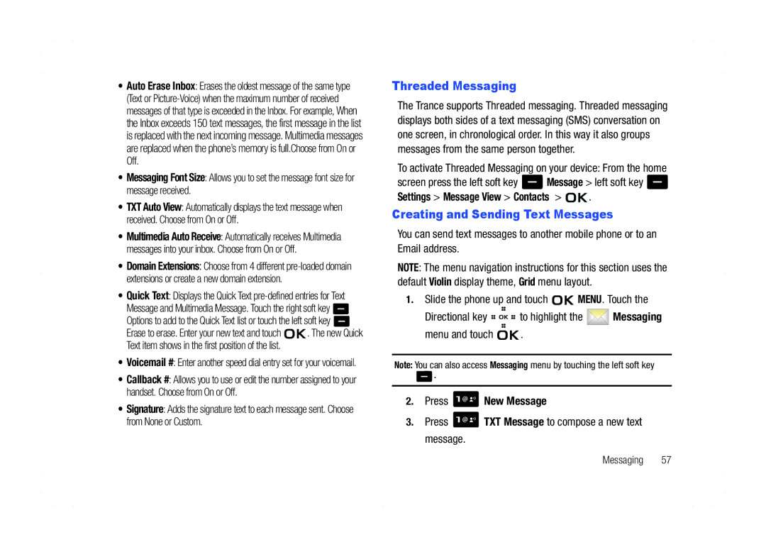 Samsung GH68-21438A user manual Threaded Messaging, Creating and Sending Text Messages, Settings Message View Contacts 