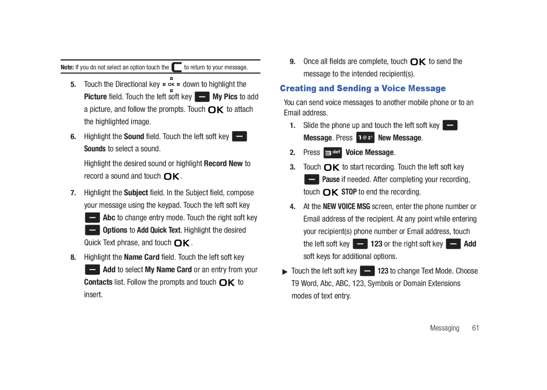 Samsung GH68-21438A user manual Creating and Sending a Voice Message, Message. Press New Message Press Voice Message 