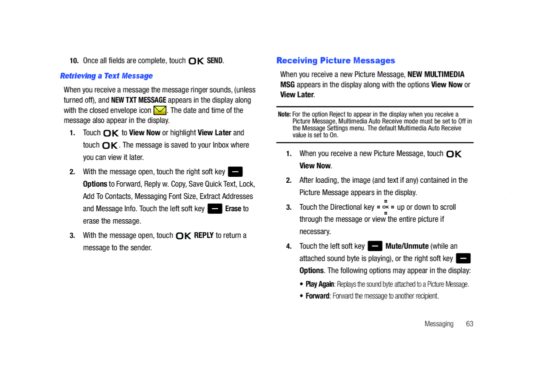 Samsung GH68-21438A Receiving Picture Messages, Once all fields are complete, touch Send, Retrieving a Text Message 