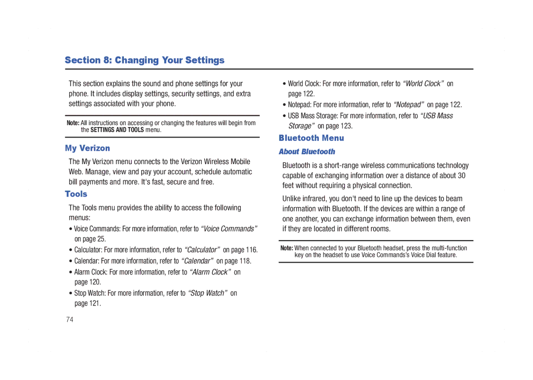 Samsung GH68-21438A user manual Changing Your Settings, My Verizon, Tools, Bluetooth Menu, About Bluetooth 