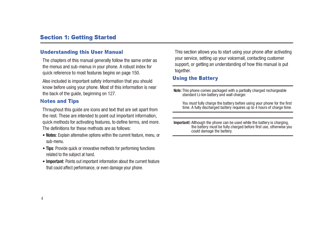 Samsung GH68-21438A user manual Getting Started, Using the Battery 