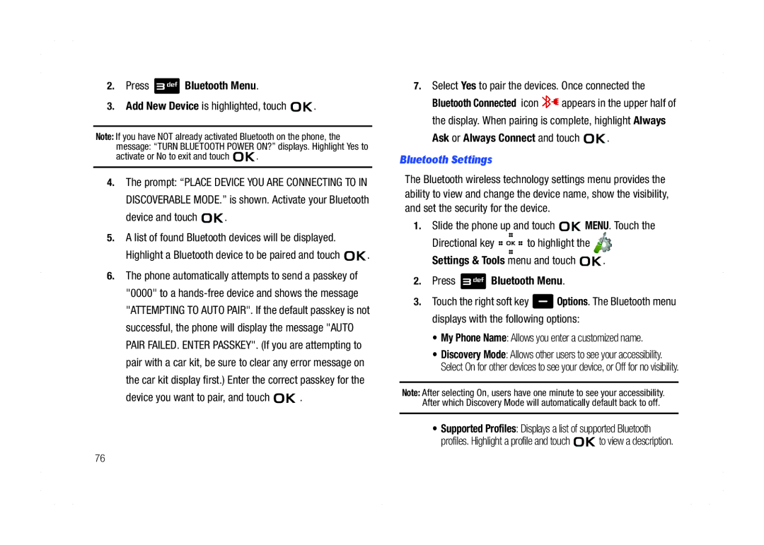 Samsung GH68-21438A user manual Add New Device is highlighted, touch, Ask or Always Connect and touch, Bluetooth Settings 