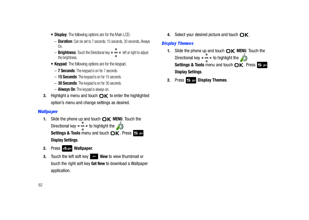 Samsung GH68-21438A user manual Wallpaper, Display Themes, Display The following options are for the Main LCD 