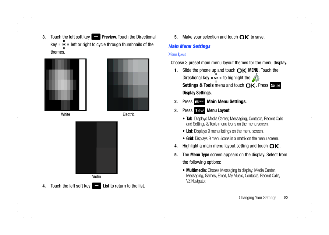 Samsung GH68-21438A Key left or right to cycle through thumbnails of the themes, Main Menu Settings, Menu Layout 