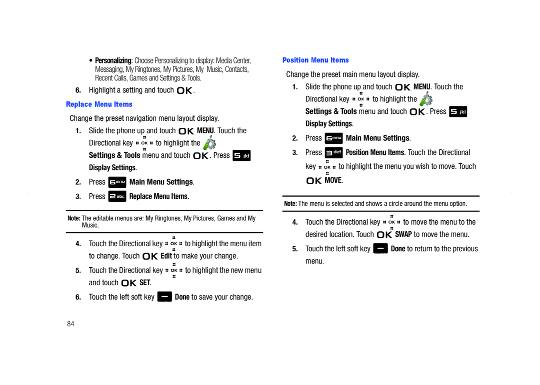 Samsung GH68-21438A user manual Highlight a setting and touch, Change the preset navigation menu layout display, Touch SET 