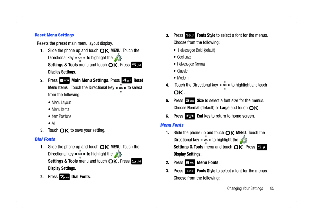 Samsung GH68-21438A user manual Resets the preset main menu layout display, Dial Fonts, Menu Fonts, Reset Menu Settings 